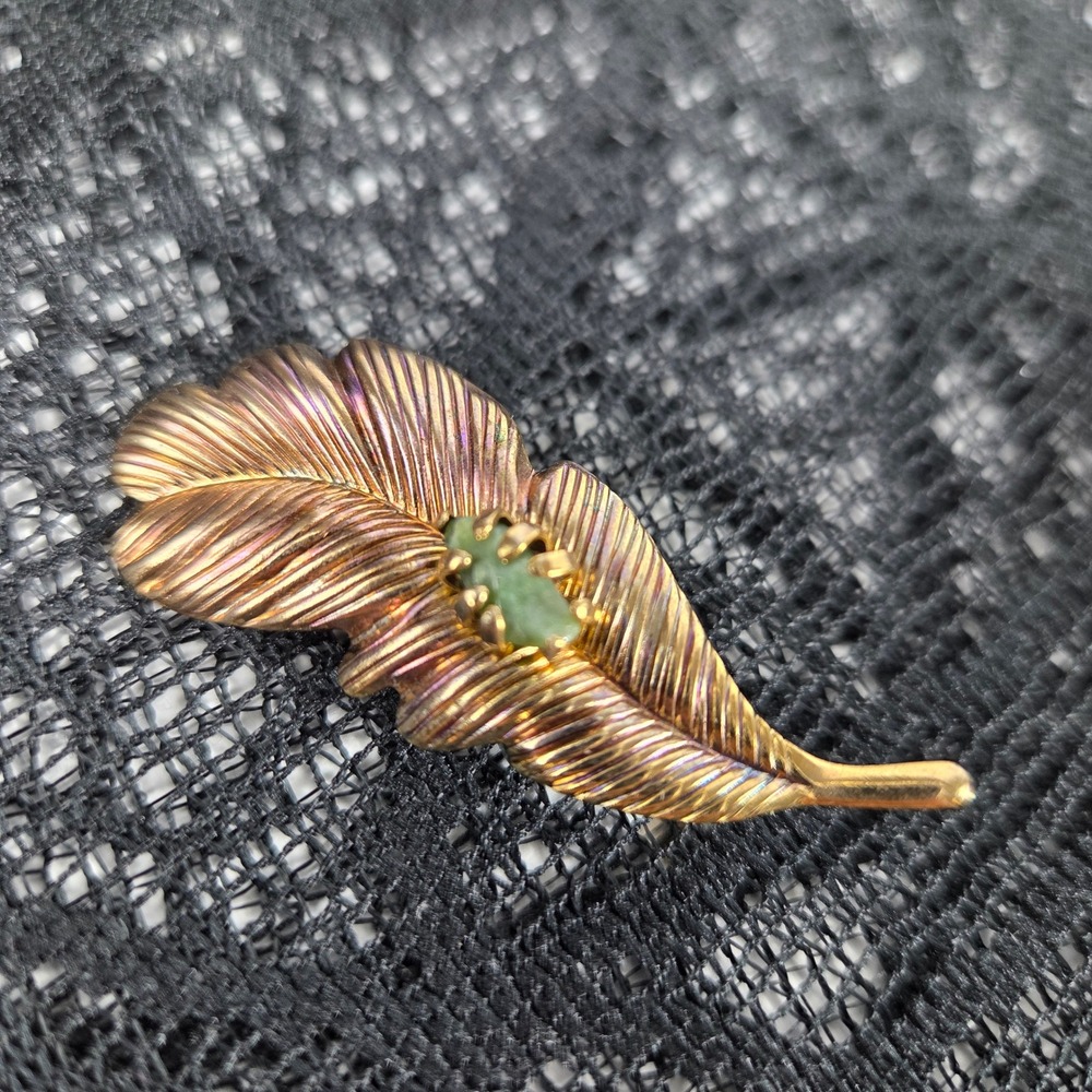 Vintage Gold Tone Iridescent Feather Brooch with Green Stone Accent Pin